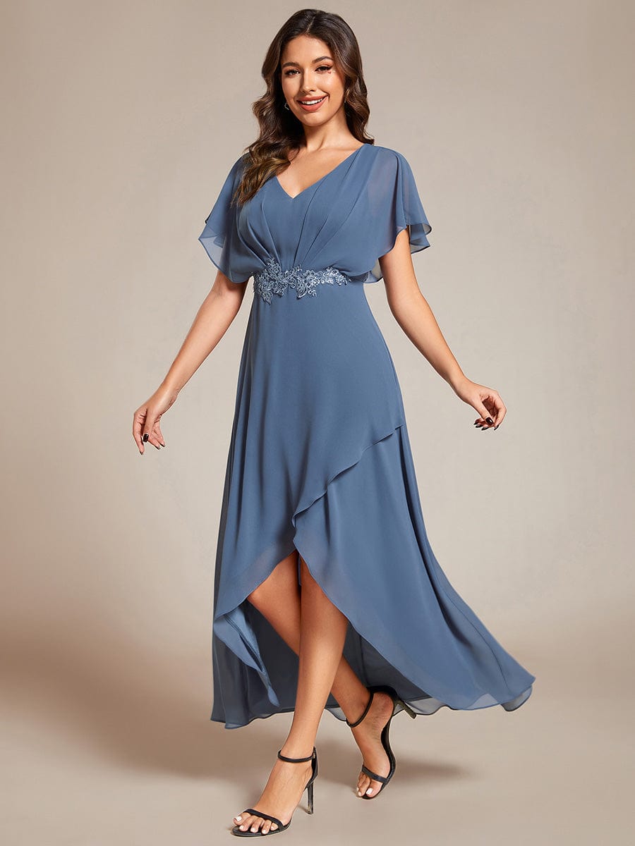 Waist Applique A-Line Chiffon V-Neck Evening Dress #color_Dusty Blue