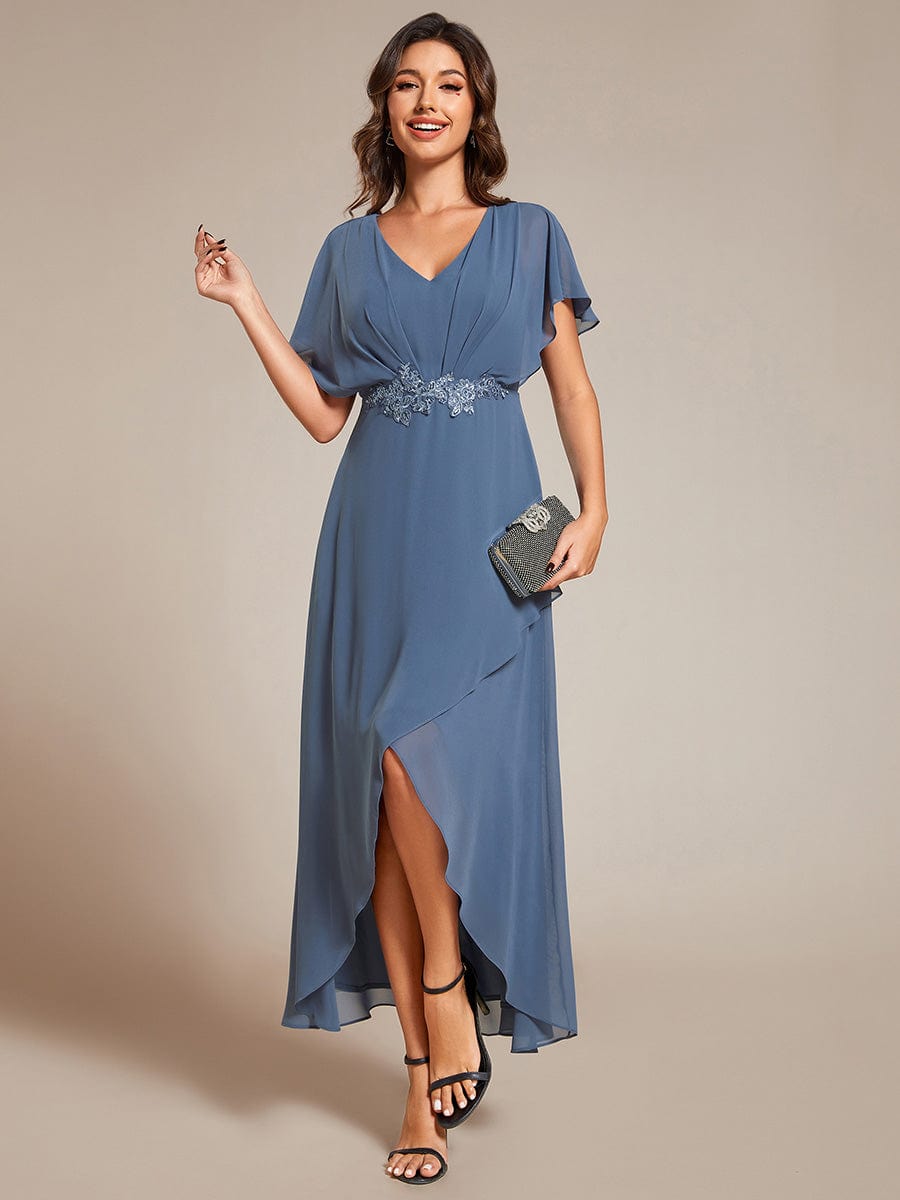 Waist Applique A-Line Chiffon V-Neck Evening Dress #color_Dusty Navy