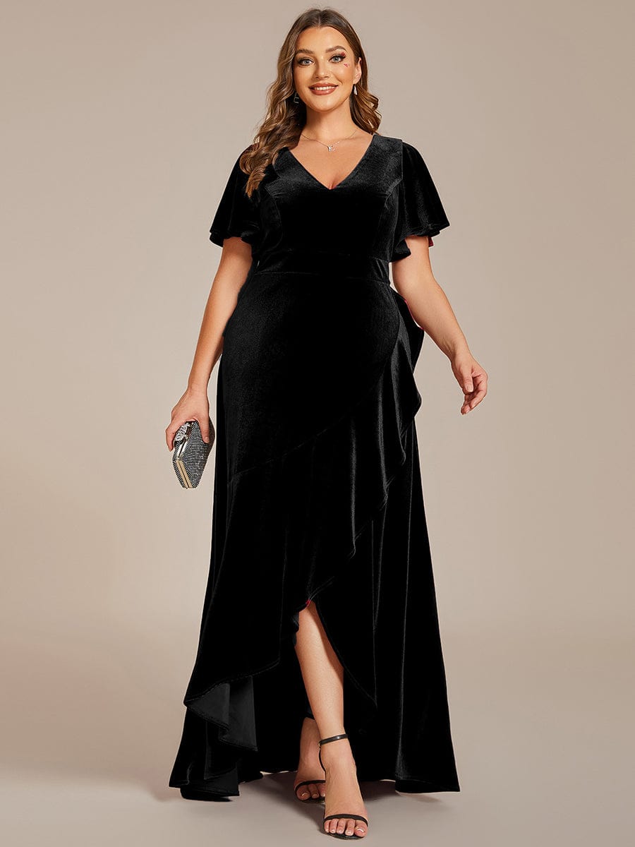 Elegant Double V-Neck Short Sleeves Velvet Evening Dress #color_Black