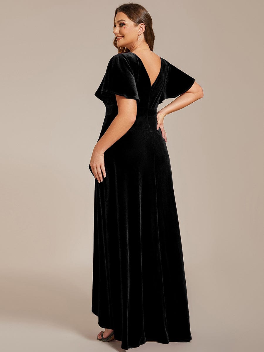 Elegant Double V-Neck Short Sleeves Velvet Evening Dress #color_Black