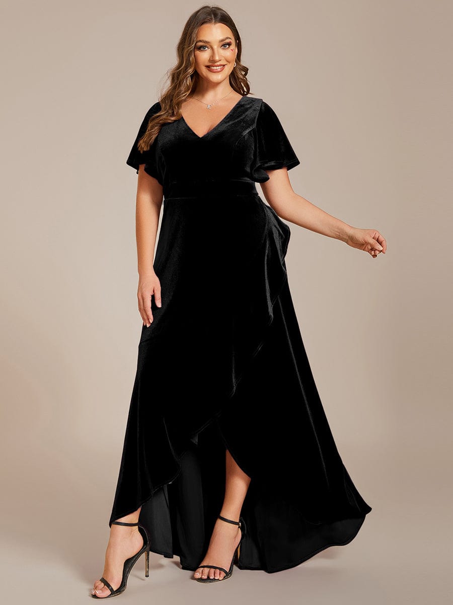 Elegant Double V-Neck Short Sleeves Velvet Evening Dress #color_Black