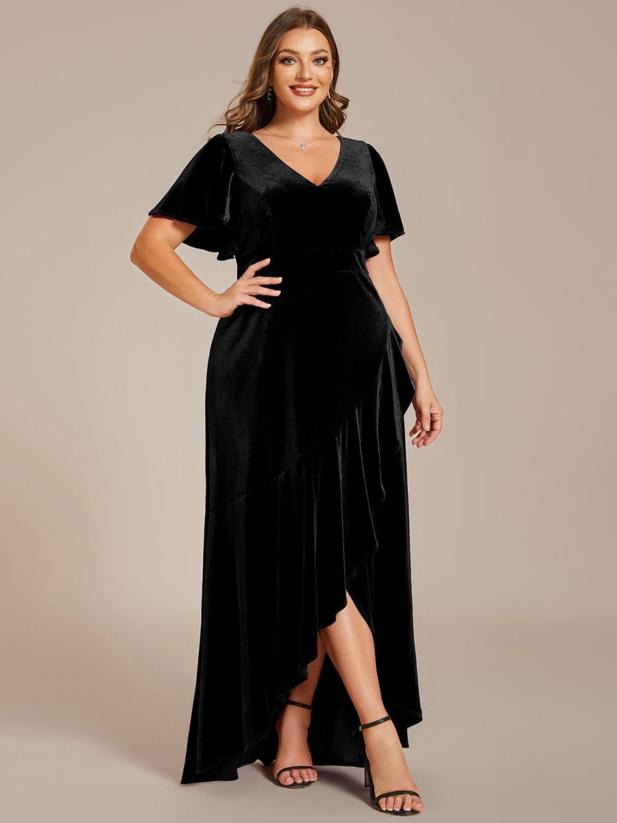 Elegant Double V-Neck Short Sleeves Velvet Evening Dress #color_Black