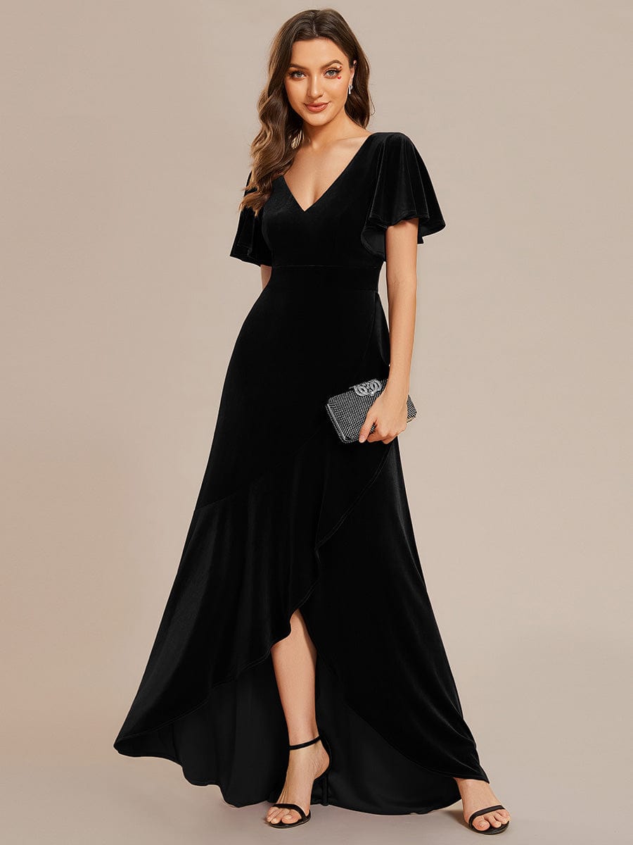 Elegant Double V-Neck Short Sleeves Velvet Evening Dress #color_Black