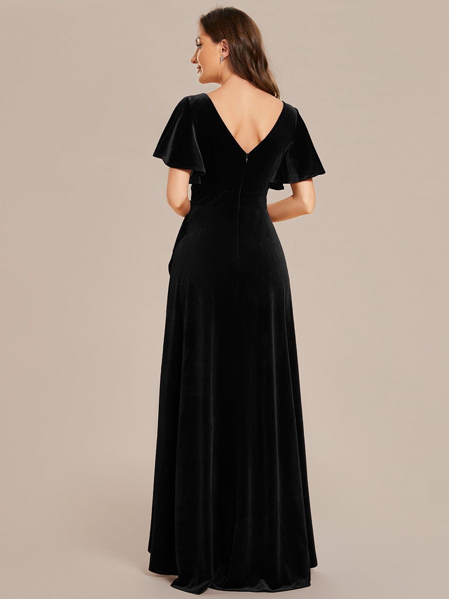 Elegant Double V-Neck Short Sleeves Velvet Evening Dress #color_Black