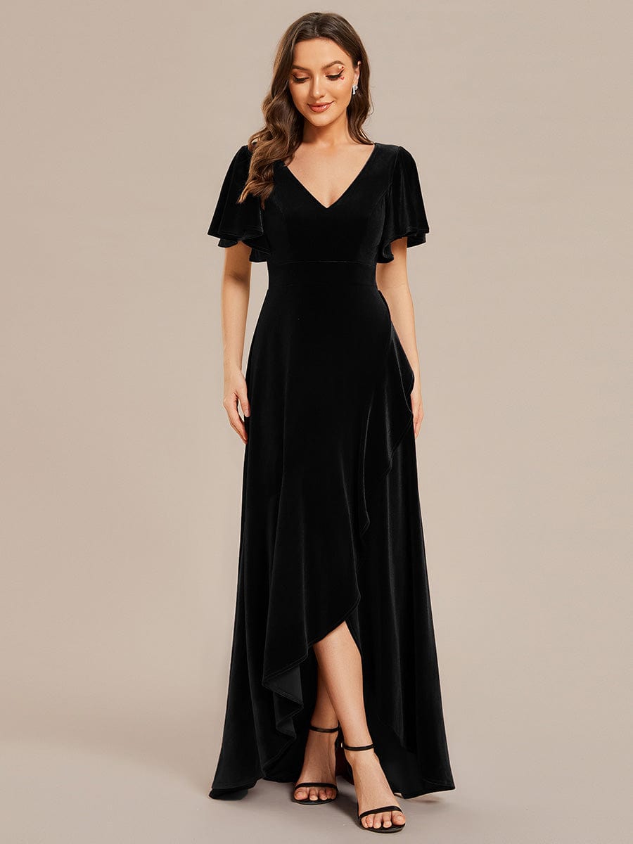 Elegant Double V-Neck Short Sleeves Velvet Evening Dress #color_Black