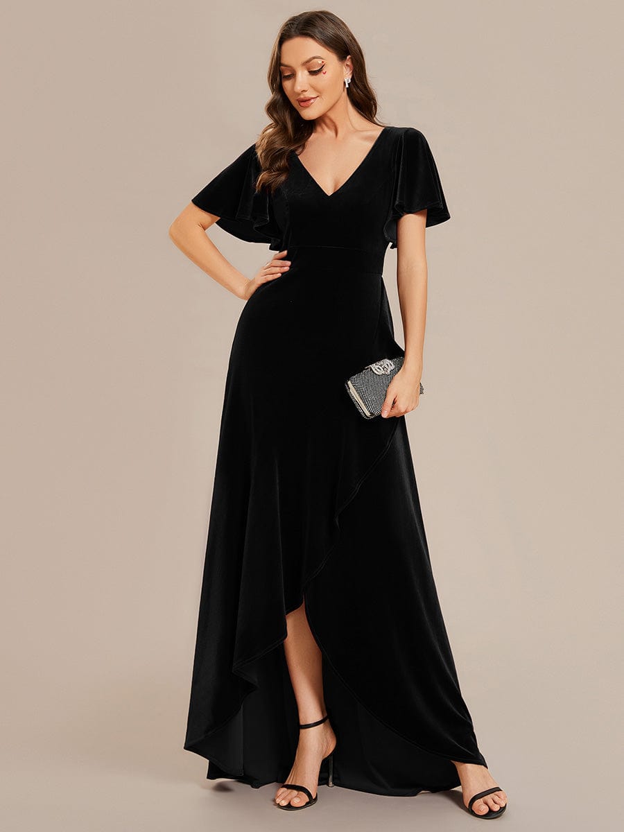 Elegant Double V-Neck Short Sleeves Velvet Evening Dress #color_Black