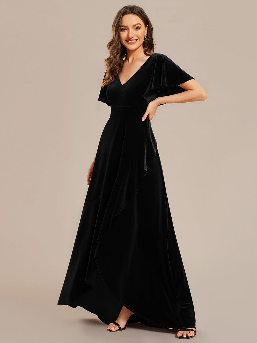 Elegant Double V-Neck Short Sleeves Velvet Evening Dress #color_Black