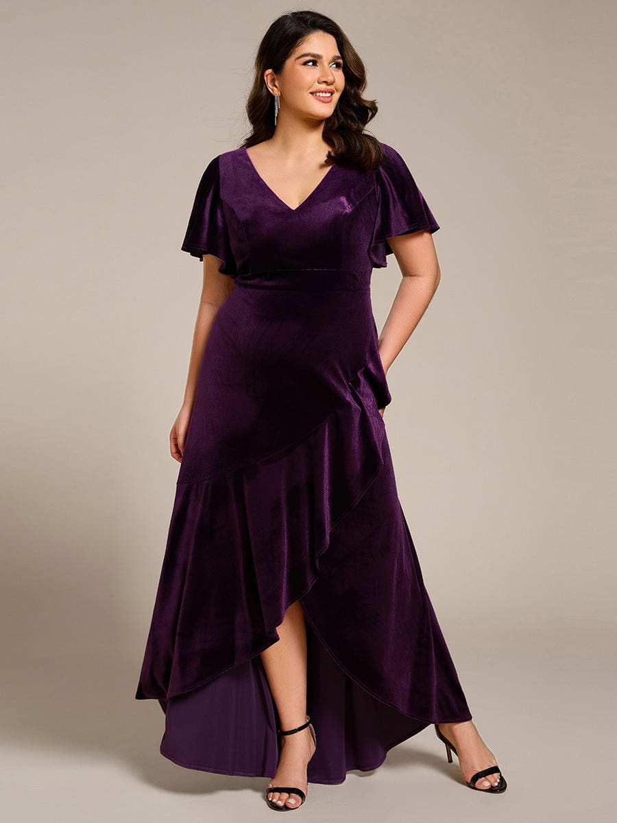 Elegant Double V-Neck Short Sleeves Velvet Evening Dress #color_Dark Purple