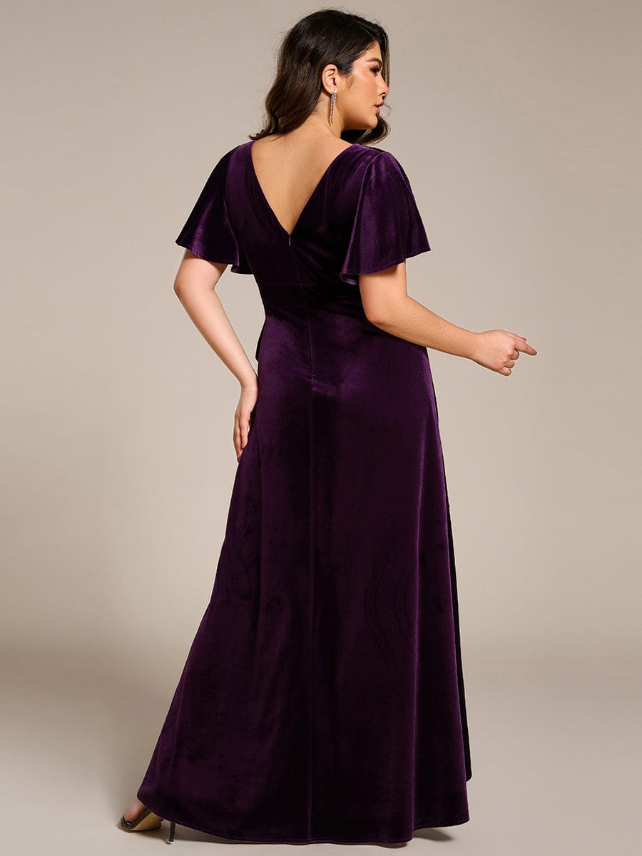 Elegant Double V-Neck Short Sleeves Velvet Evening Dress #color_Dark Purple