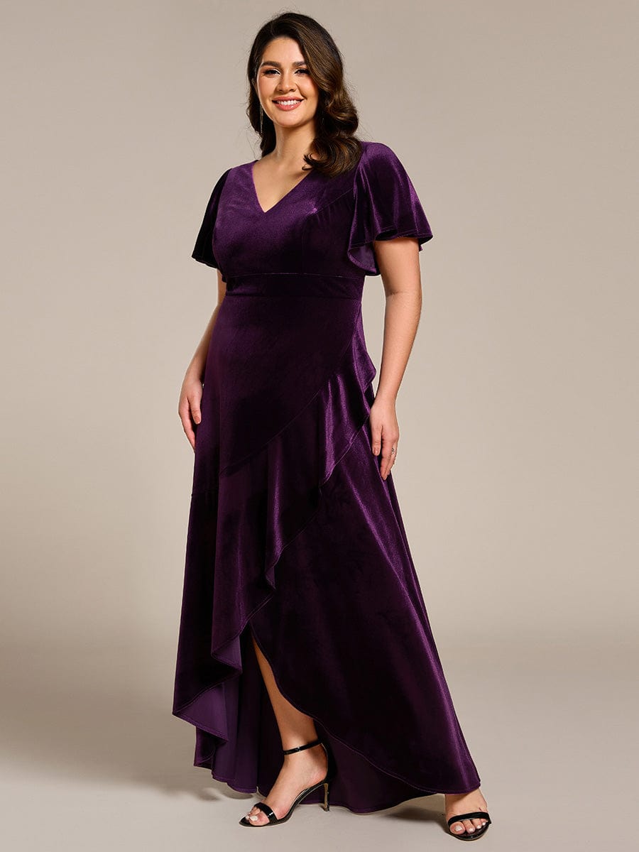 Elegant Double V-Neck Short Sleeves Velvet Evening Dress #color_Dark Purple