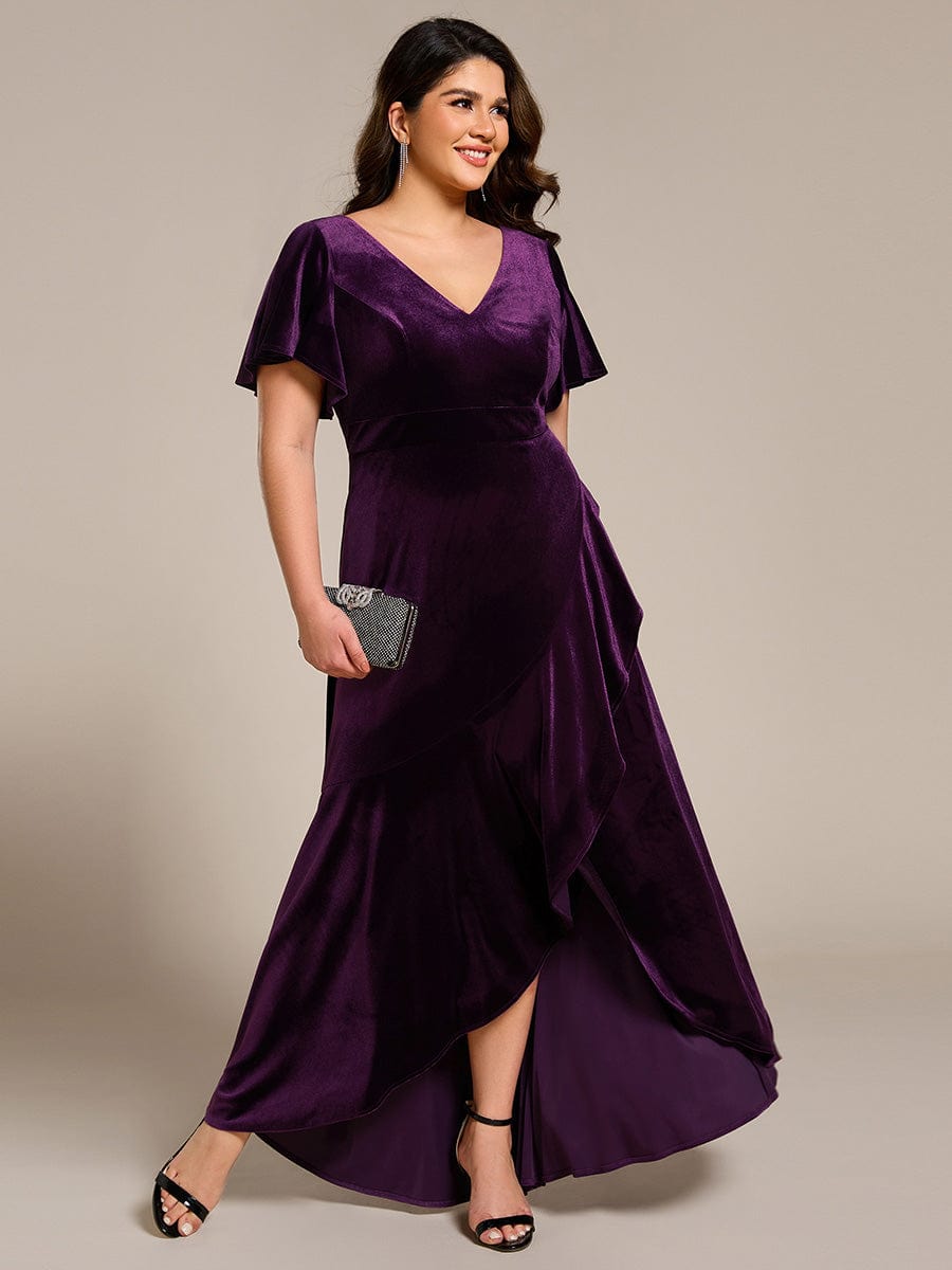 Elegant Double V-Neck Short Sleeves Velvet Evening Dress #color_Dark Purple