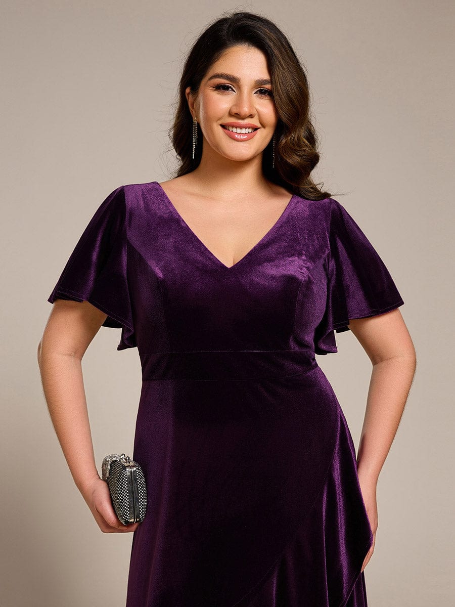 Elegant Double V-Neck Short Sleeves Velvet Evening Dress #color_Dark Purple