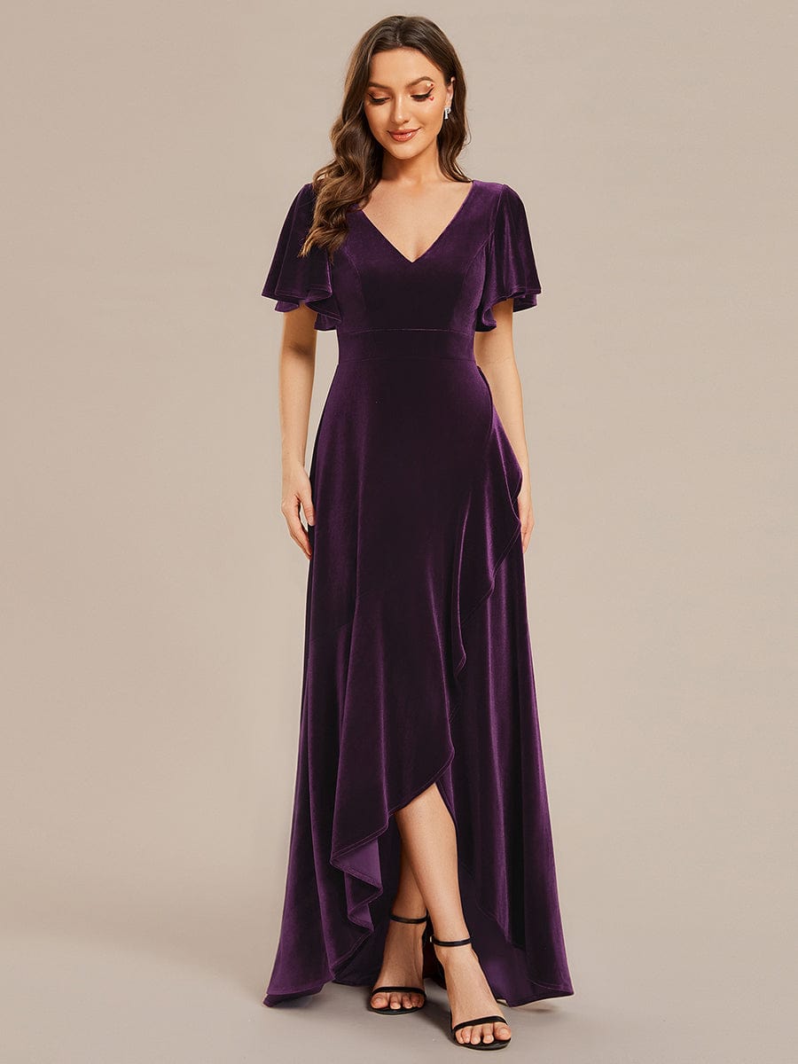 Elegant Double V-Neck Short Sleeves Velvet Evening Dress #color_Dark Purple