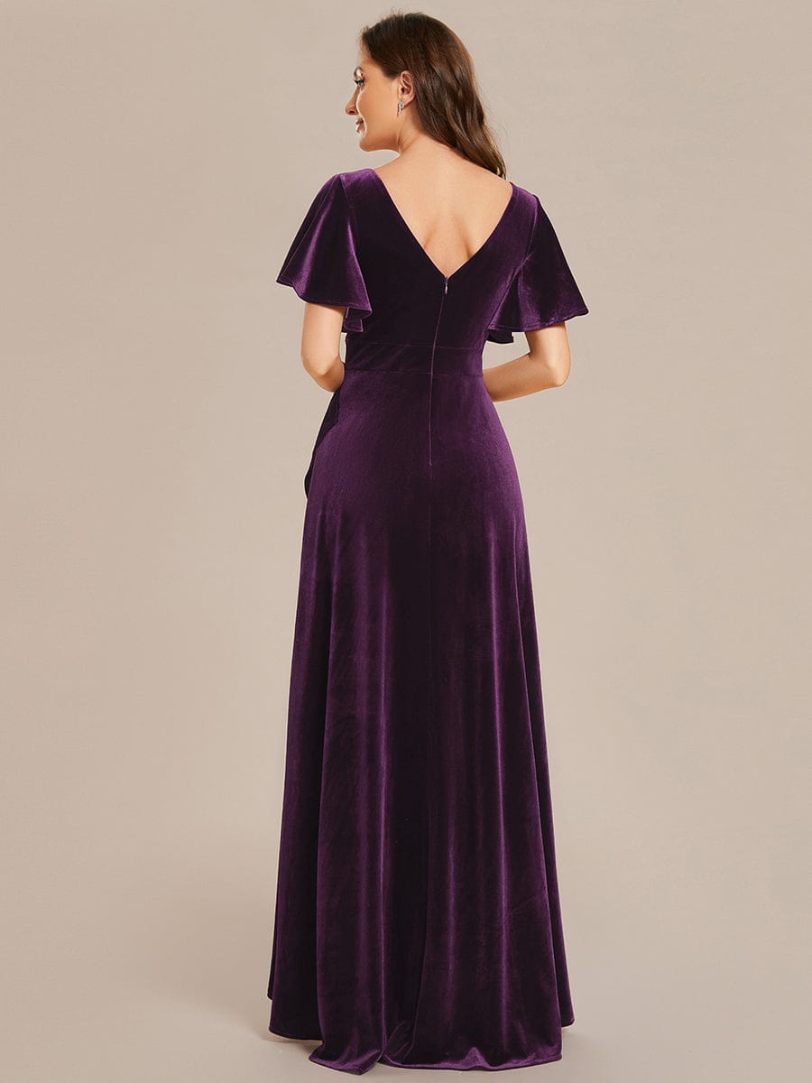 Elegant Double V-Neck Short Sleeves Velvet Evening Dress #color_Dark Purple