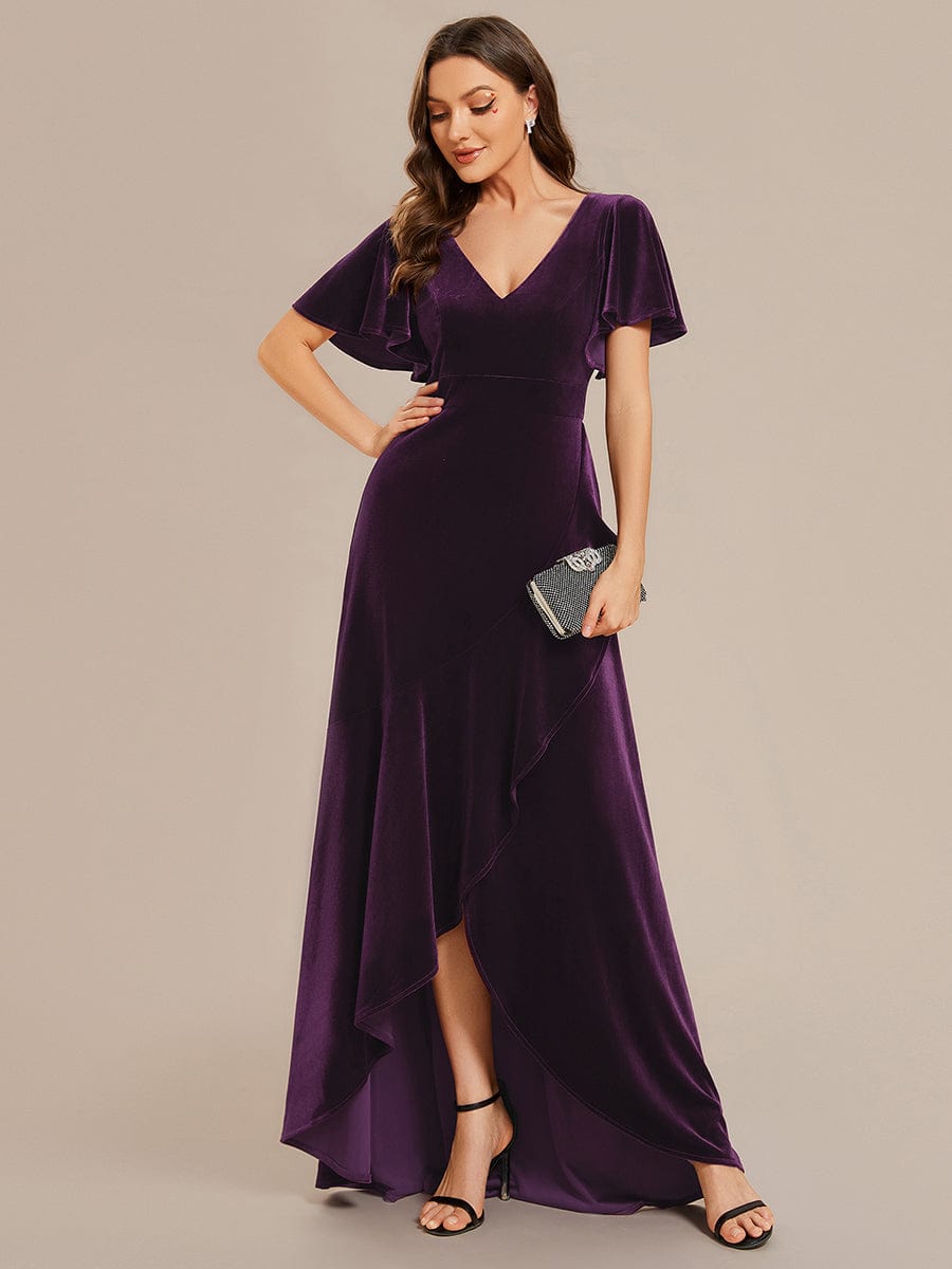 Elegant Double V-Neck Short Sleeves Velvet Evening Dress #color_Dark Purple