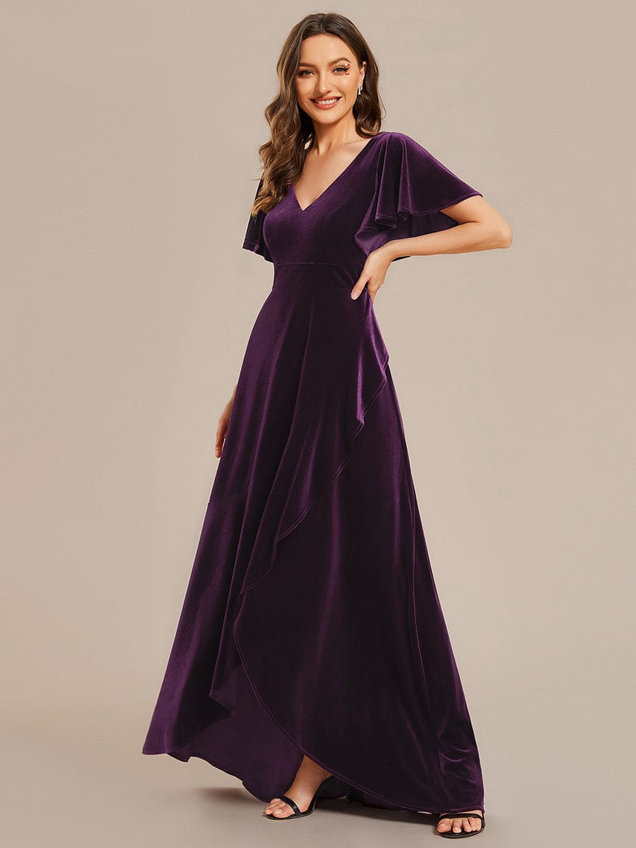 Elegant Double V-Neck Short Sleeves Velvet Evening Dress #color_Dark Purple