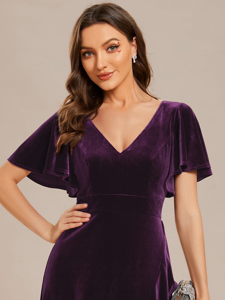 Elegant Double V-Neck Short Sleeves Velvet Evening Dress #color_Dark Purple