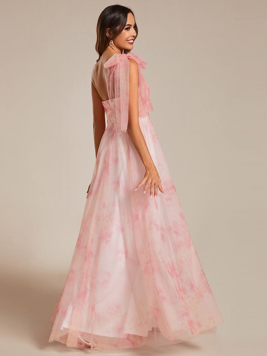 Multi-Way Strapless Floral Empire Waist Evening Dress with Pleated #color_Pink