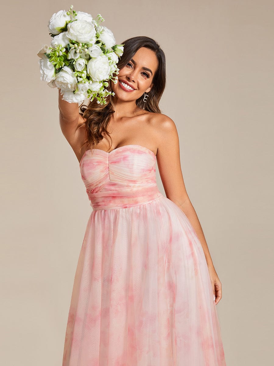 Multi-Way Strapless Floral Empire Waist Evening Dress with Pleated #color_Pink