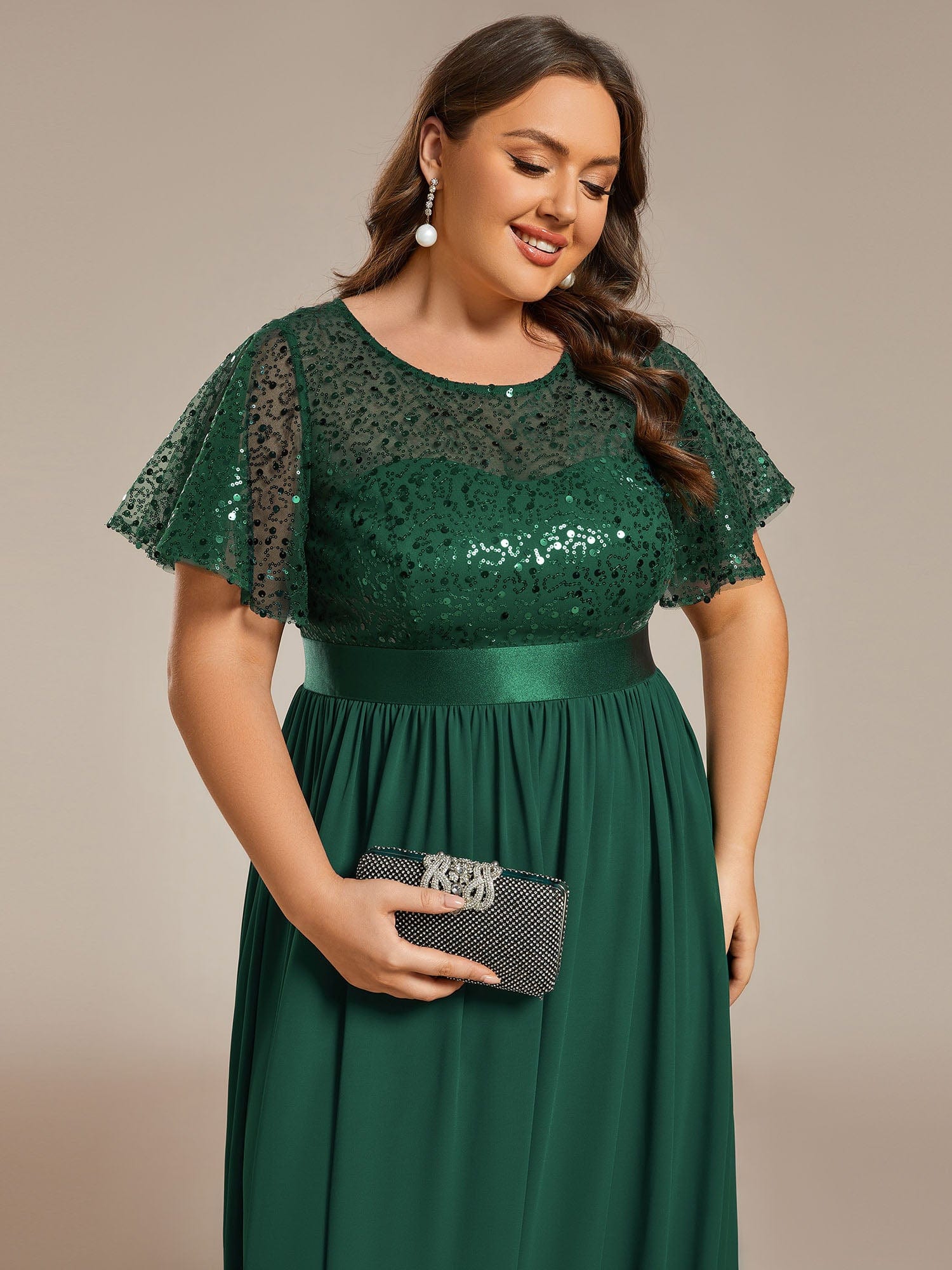 High Waist Sequin Round-Neck Short-Sleeved Evening Dress #color_Dark Green