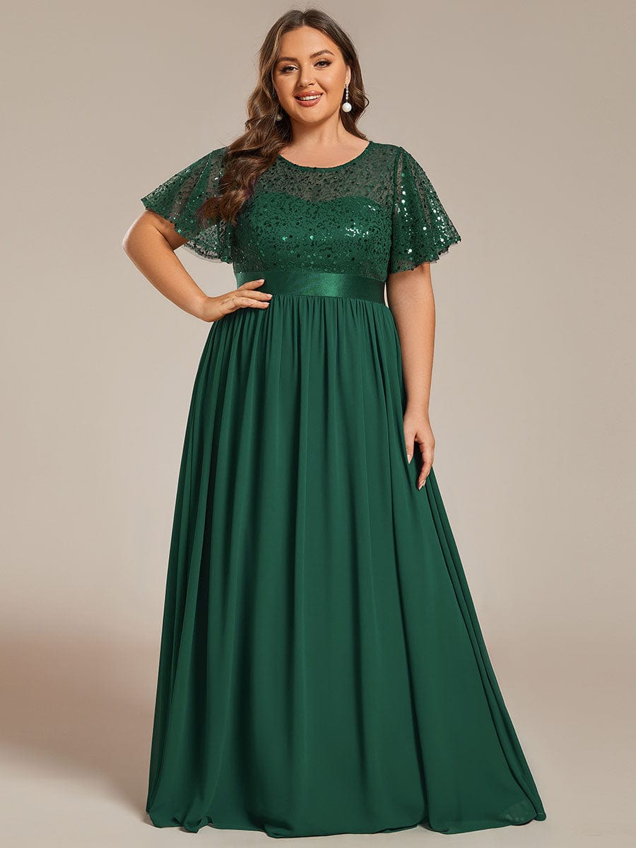 High Waist Sequin Round-Neck Short-Sleeved Evening Dress #color_Dark Green