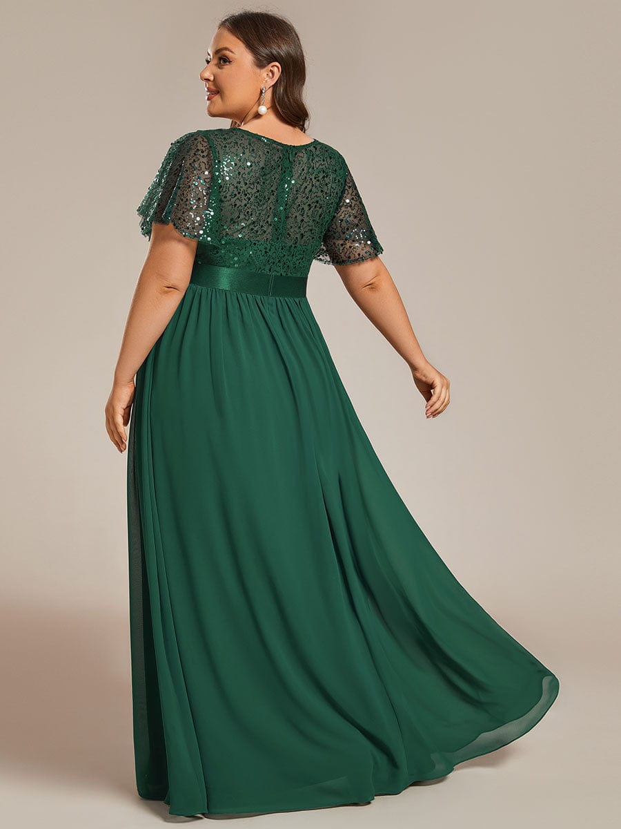 High Waist Sequin Round-Neck Short-Sleeved Evening Dress #color_Dark Green