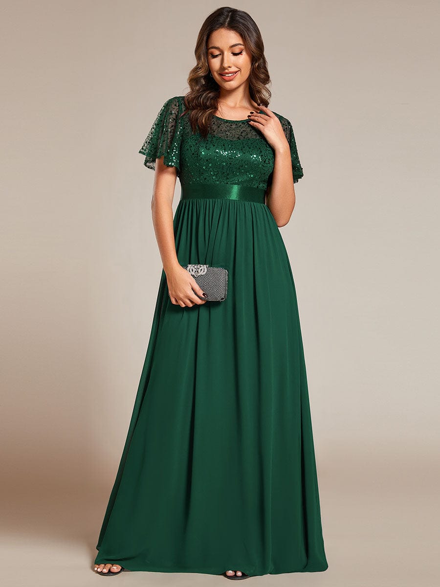 High Waist Sequin Round-Neck Short-Sleeved Evening Dress #color_Dark Green