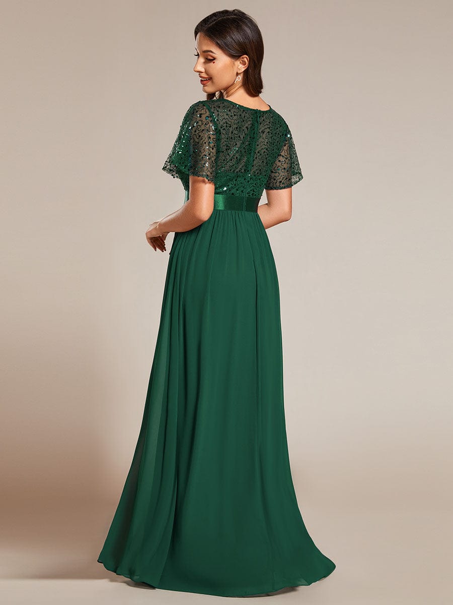 High Waist Sequin Round-Neck Short-Sleeved Evening Dress #color_Dark Green