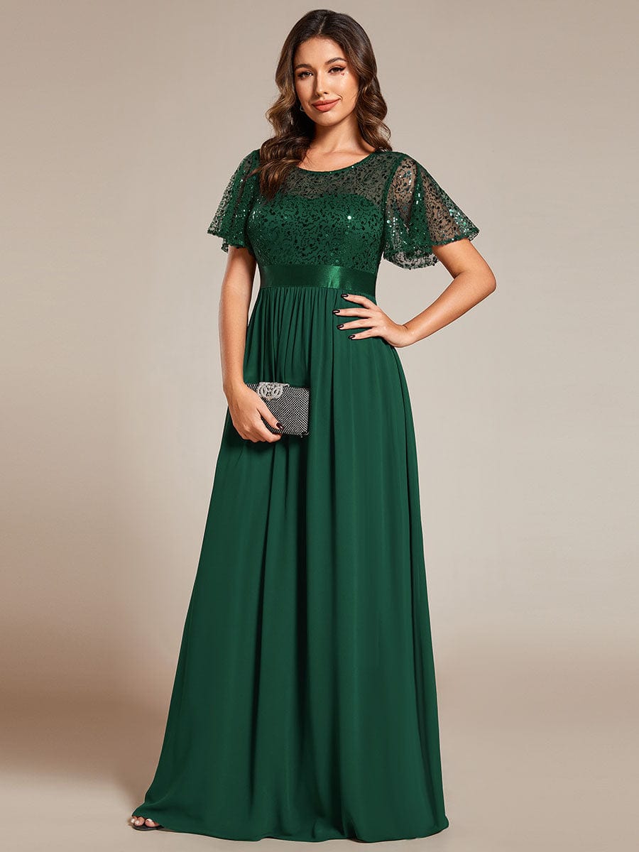 High Waist Sequin Round-Neck Short-Sleeved Evening Dress #color_Dark Green