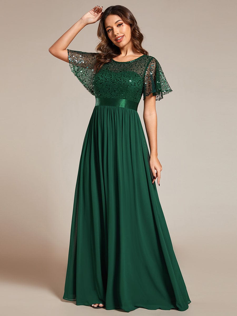 High Waist Sequin Round-Neck Short-Sleeved Evening Dress #color_Dark Green