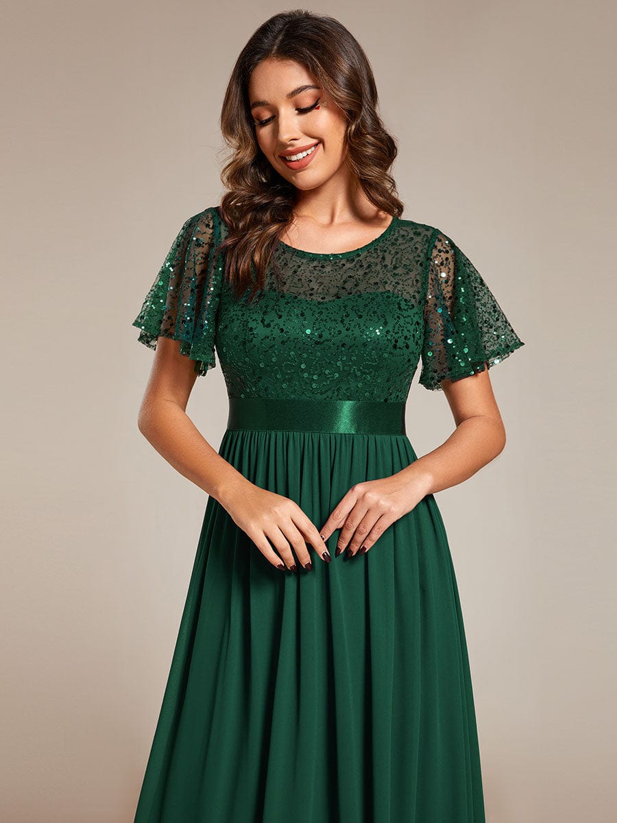 High Waist Sequin Round-Neck Short-Sleeved Evening Dress #color_Dark Green