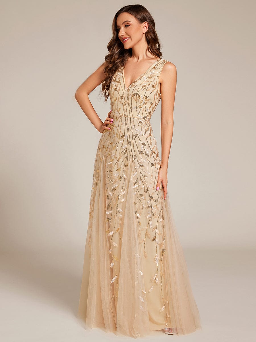 Sleeveless V-Neck Sequined A-Line Evening Dresses #color_Gold