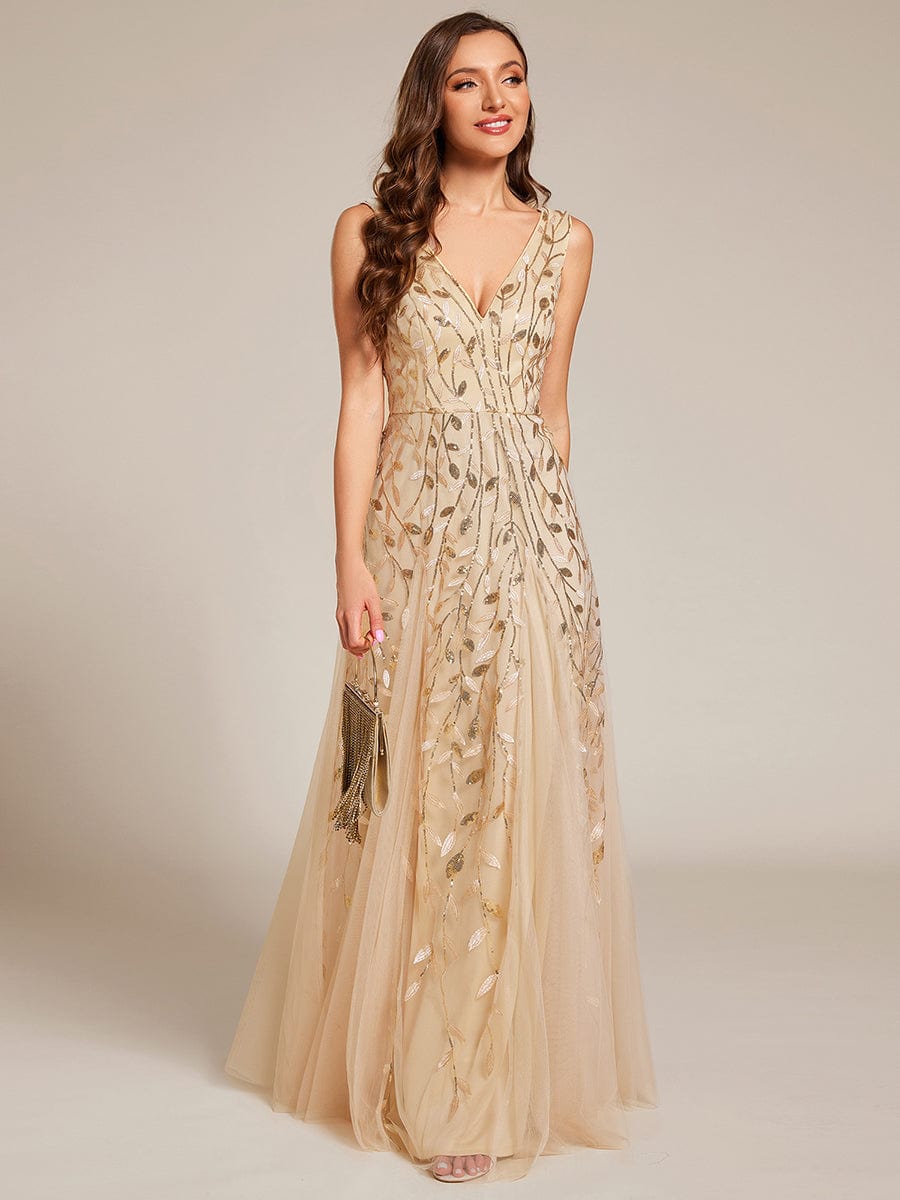 Sleeveless V-Neck Sequined A-Line Evening Dresses #color_Gold