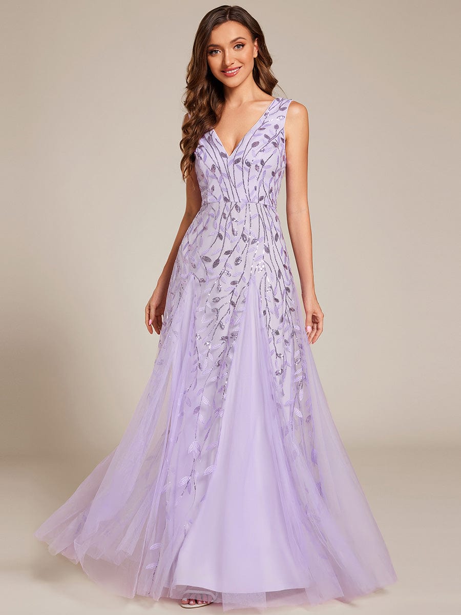 Sleeveless V-Neck Sequined A-Line Evening Dresses #color_Lavender