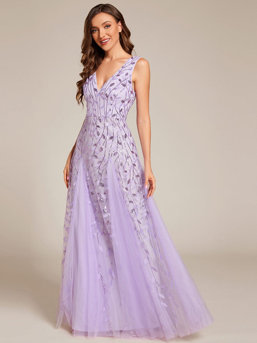 Sleeveless V-Neck Sequined A-Line Evening Dresses #color_Lavender