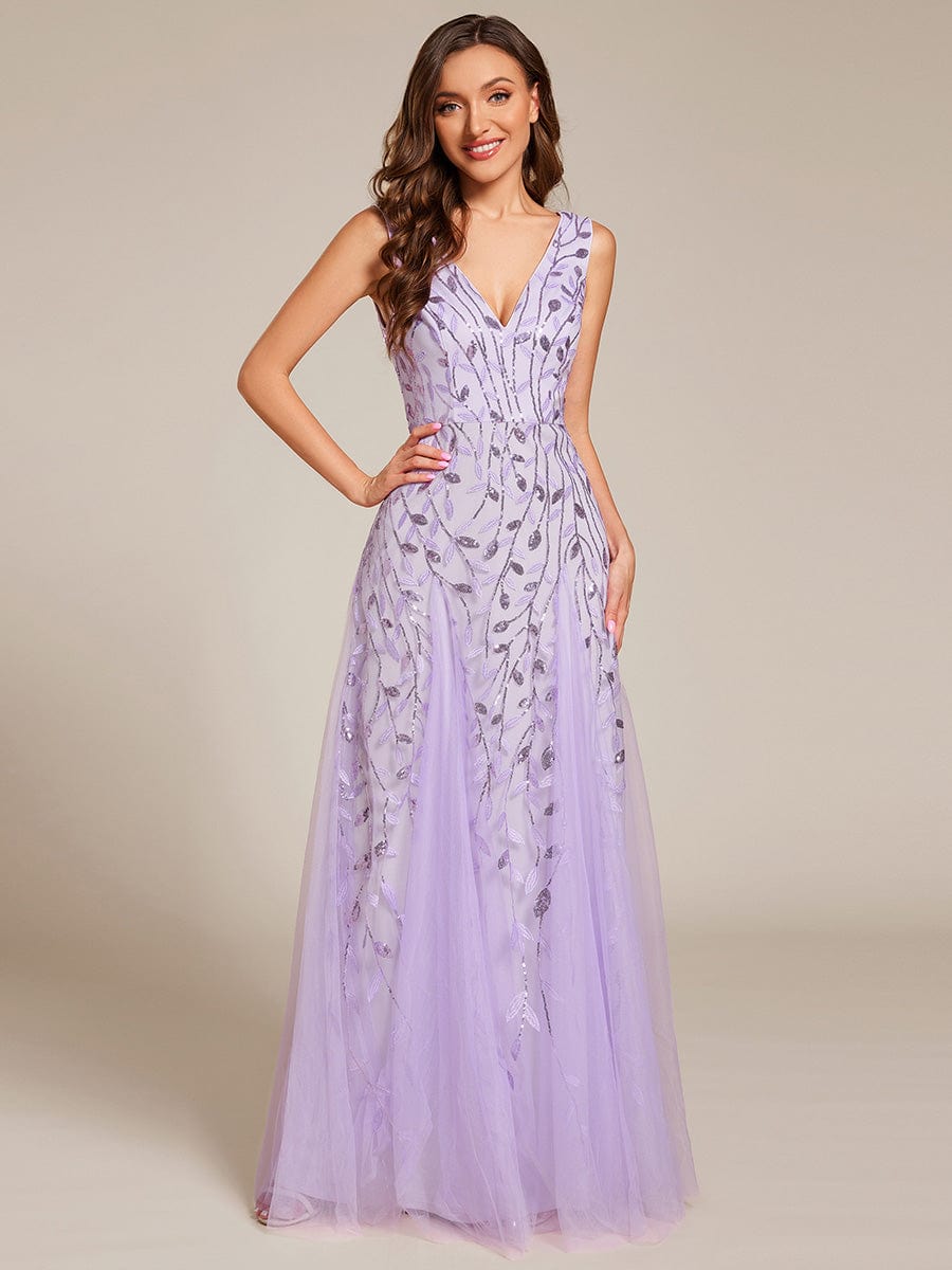 Sleeveless V-Neck Sequined A-Line Evening Dresses #color_Lavender