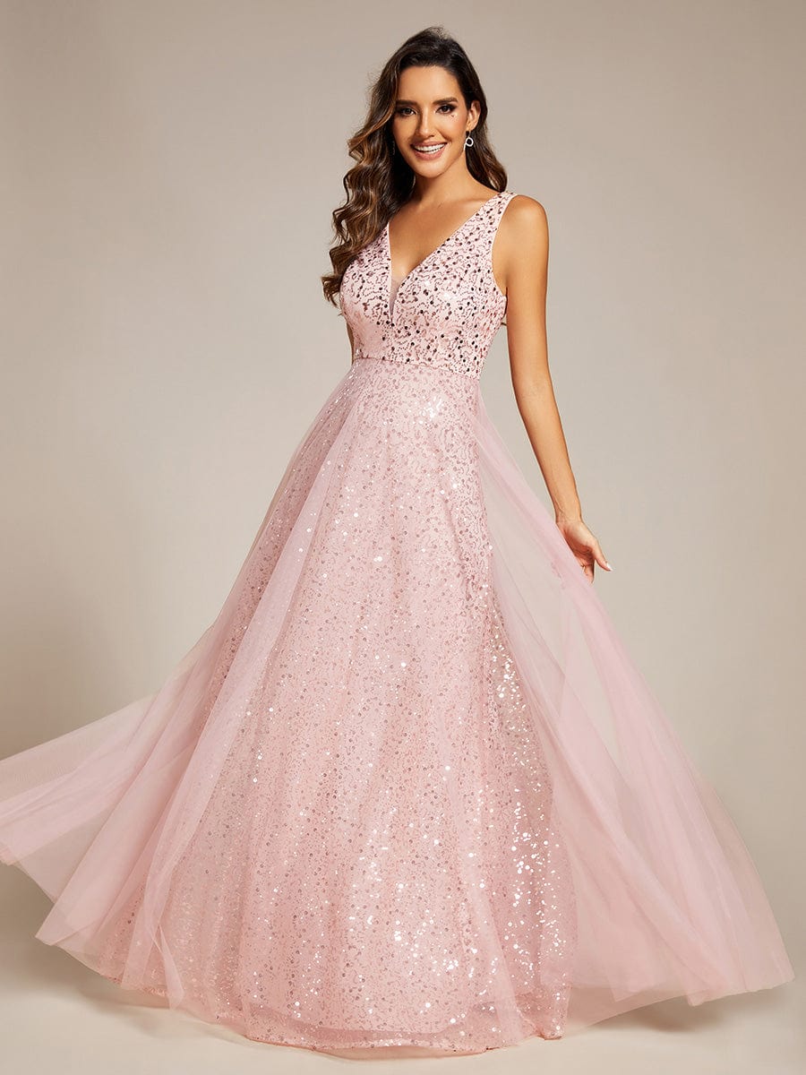 Sequined V-Neck Sleeveless See-Through Tulle Evening Dress #color_Pink