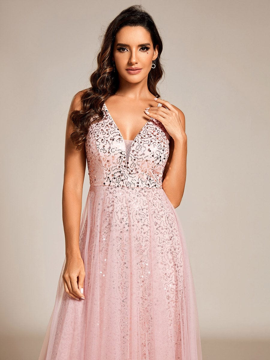 Sequined V-Neck Sleeveless See-Through Tulle Evening Dress #color_Pink