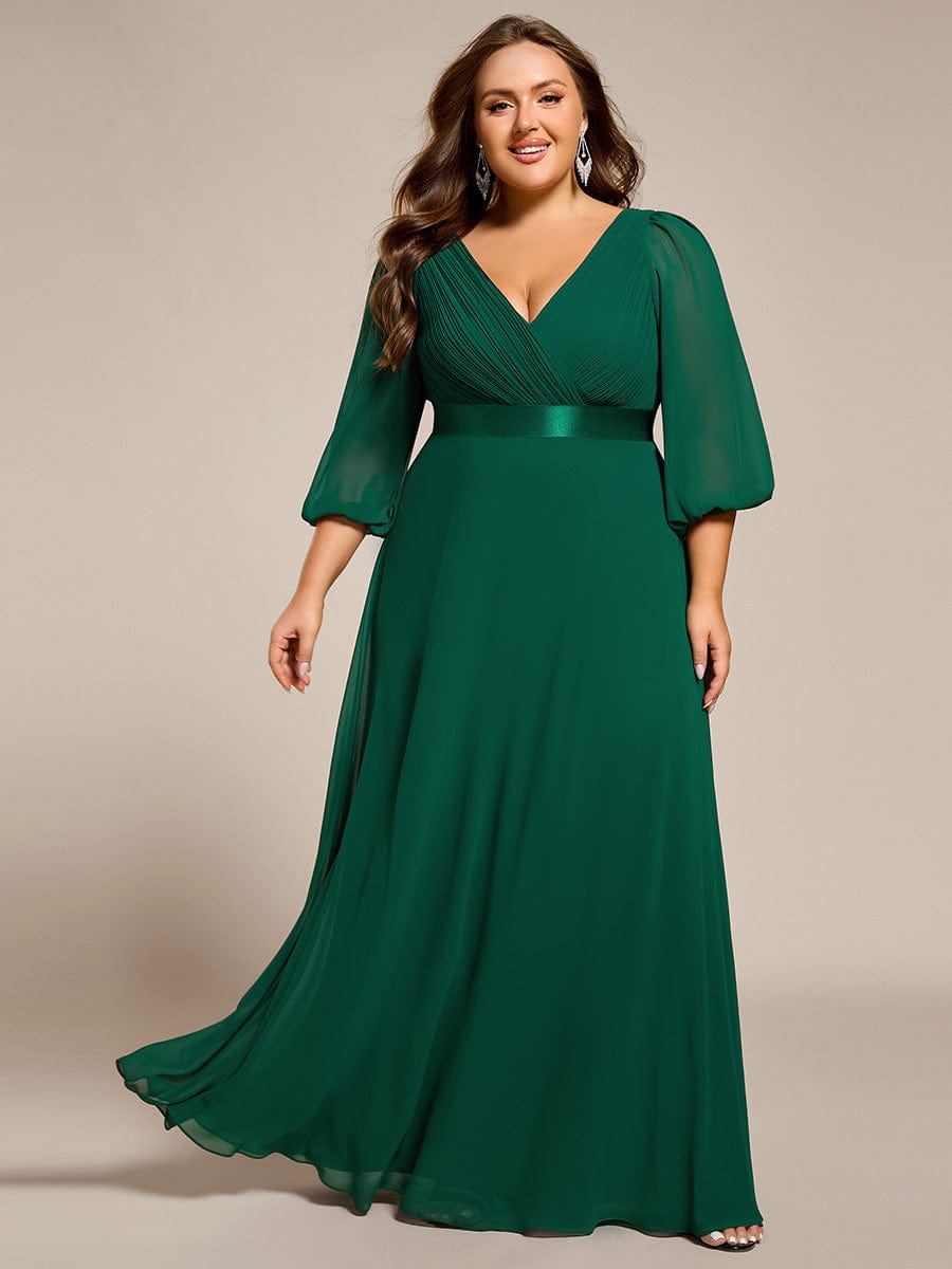 Chiffon Long Sleeve Empire Waist Maxi Evening Dress with Pleated Detailing #color_Dark Green