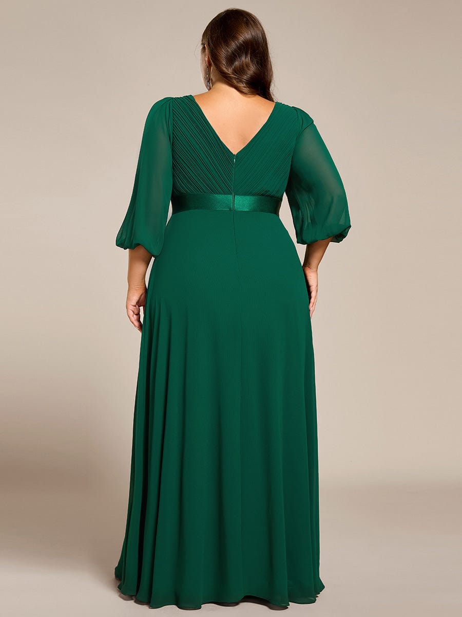 Chiffon Long Sleeve Empire Waist Maxi Evening Dress with Pleated Detailing #color_Dark Green