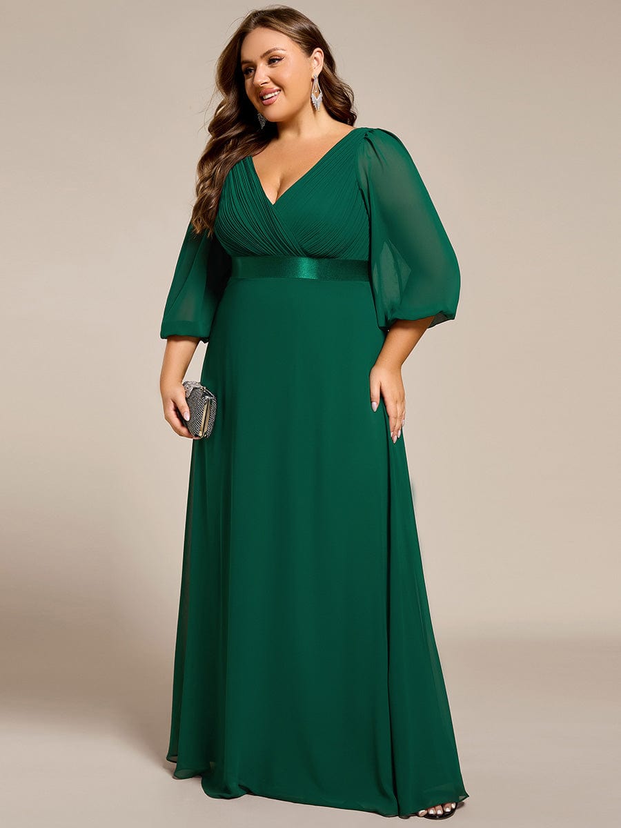 Chiffon Long Sleeve Empire Waist Maxi Evening Dress with Pleated Detailing #color_Dark Green