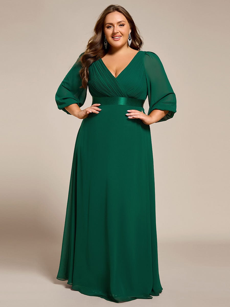 Chiffon Long Sleeve Empire Waist Maxi Evening Dress with Pleated Detailing #color_Dark Green