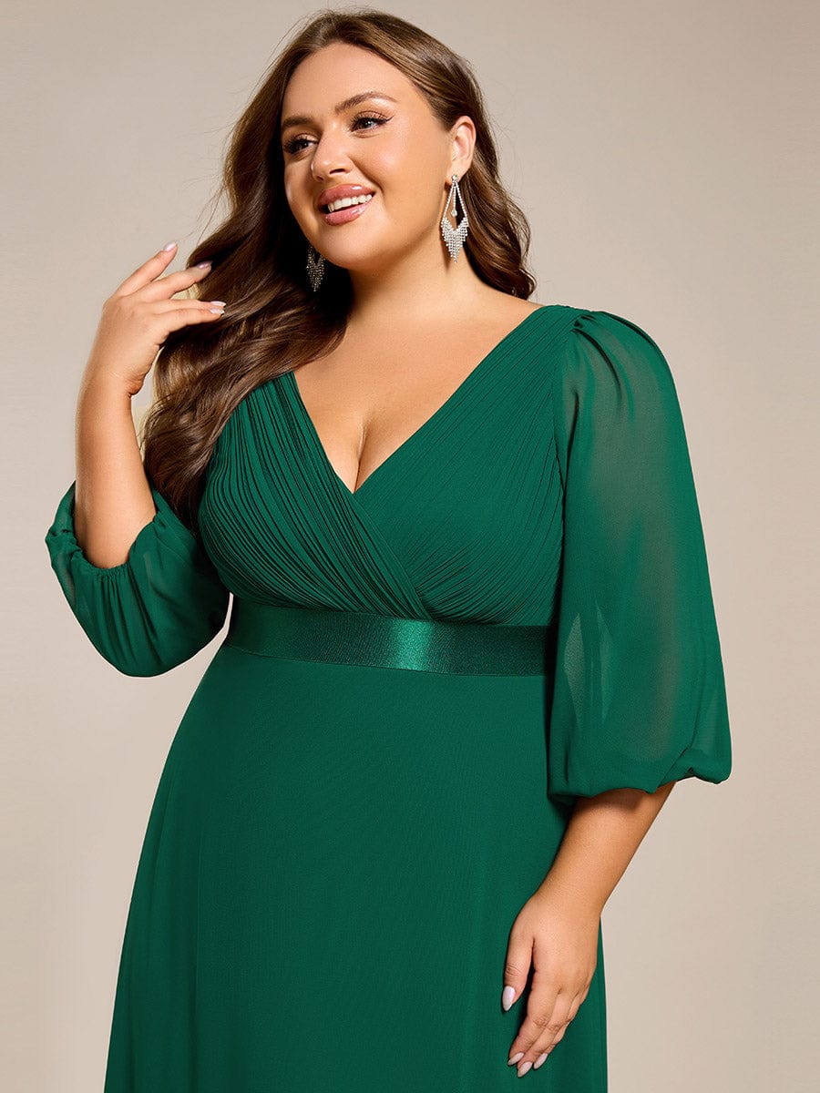 Chiffon Long Sleeve Empire Waist Maxi Evening Dress with Pleated Detailing #color_Dark Green