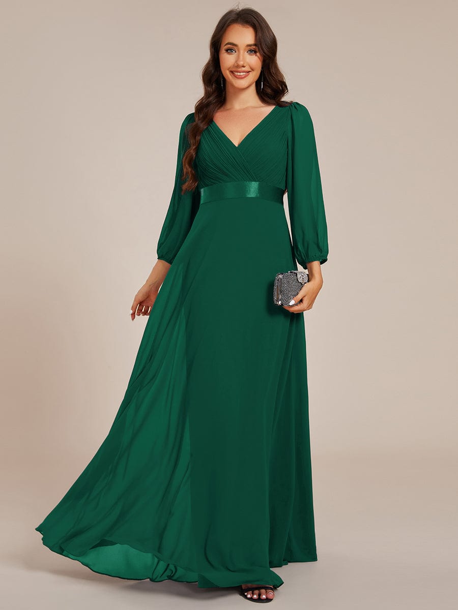 Chiffon Long Sleeve Empire Waist Maxi Evening Dress with Pleated Detailing #color_Dark Green