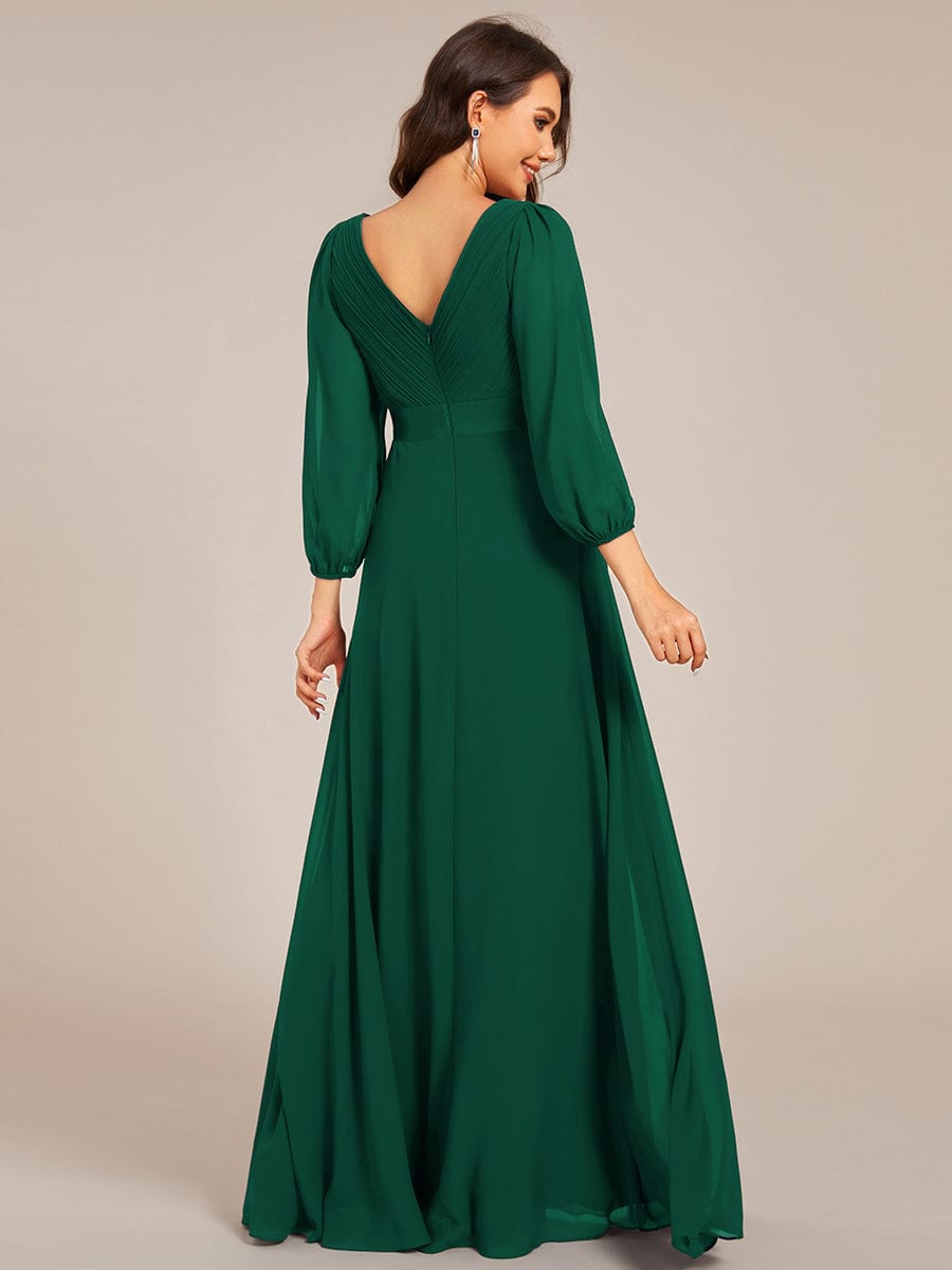 Chiffon Long Sleeve Empire Waist Maxi Evening Dress with Pleated Detailing #color_Dark Green