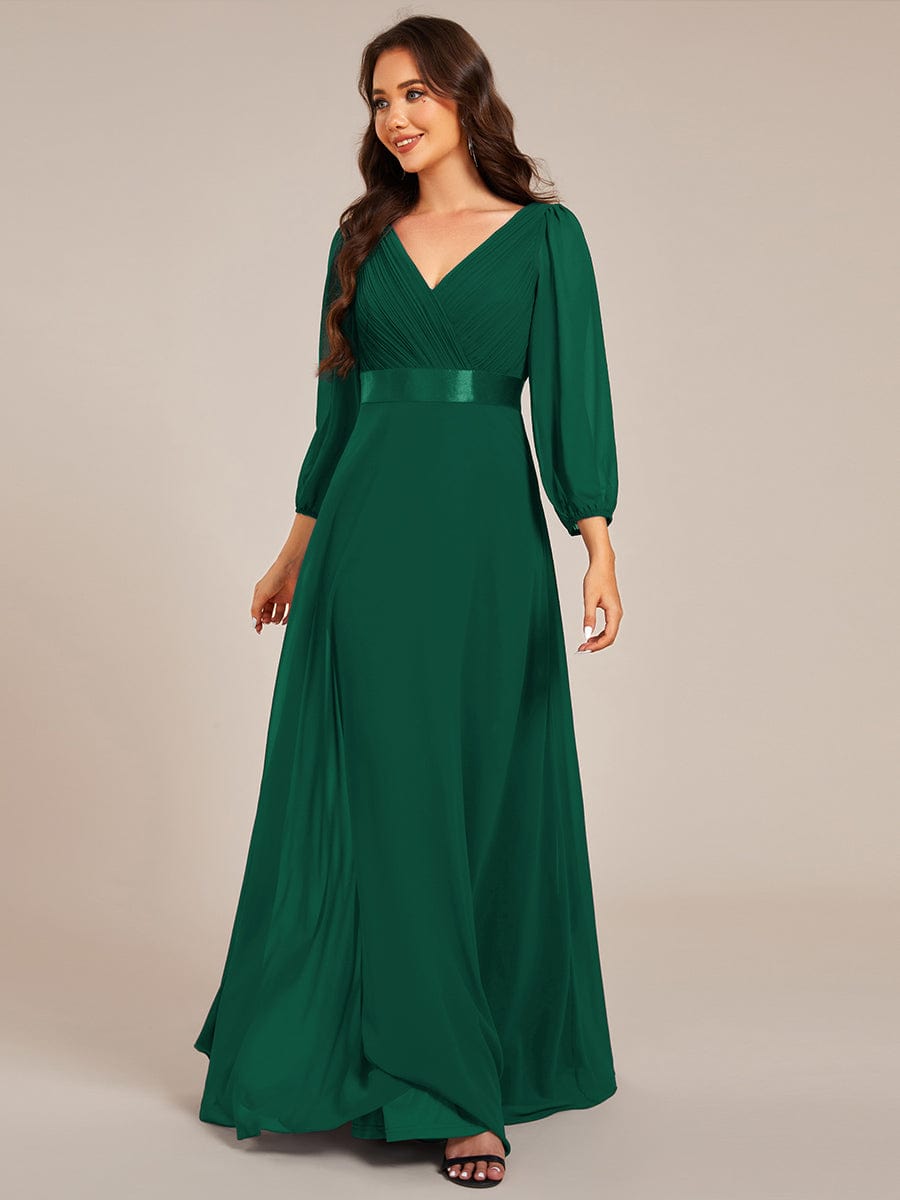 Chiffon Long Sleeve Empire Waist Maxi Evening Dress with Pleated Detailing #color_Dark Green