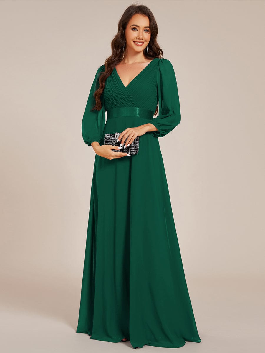 Chiffon Long Sleeve Empire Waist Maxi Evening Dress with Pleated Detailing #color_Dark Green