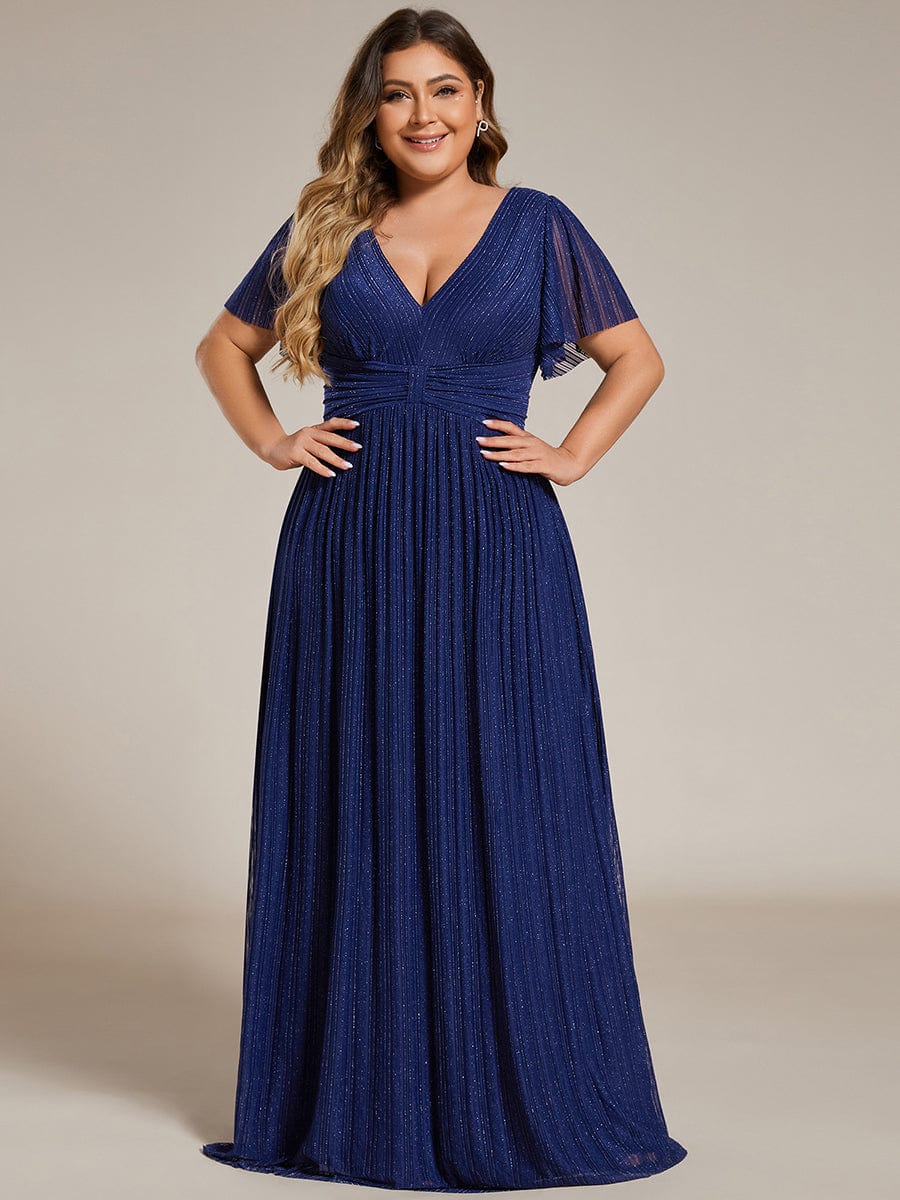 Plus Size Sparkle Short Sleeves Formal Evening Dress with V-Neck #color_Navy Blue