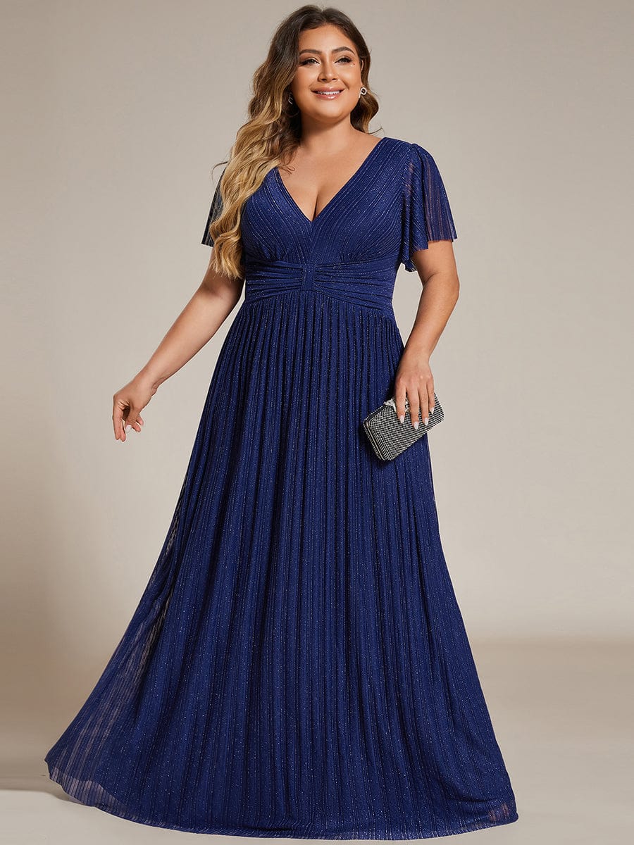Plus Size Sparkle Short Sleeves Formal Evening Dress with V-Neck #color_Navy Blue