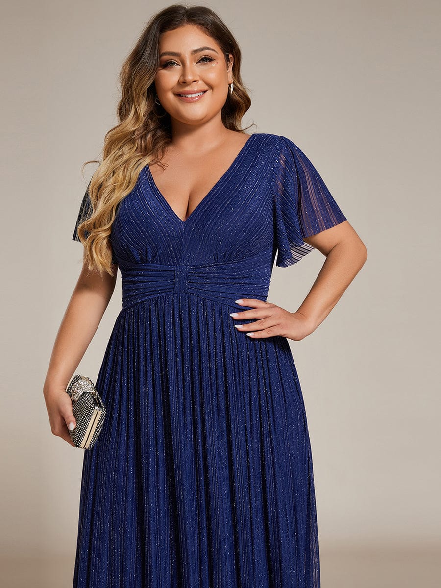 Plus Size Sparkle Short Sleeves Formal Evening Dress with V-Neck #color_Navy Blue